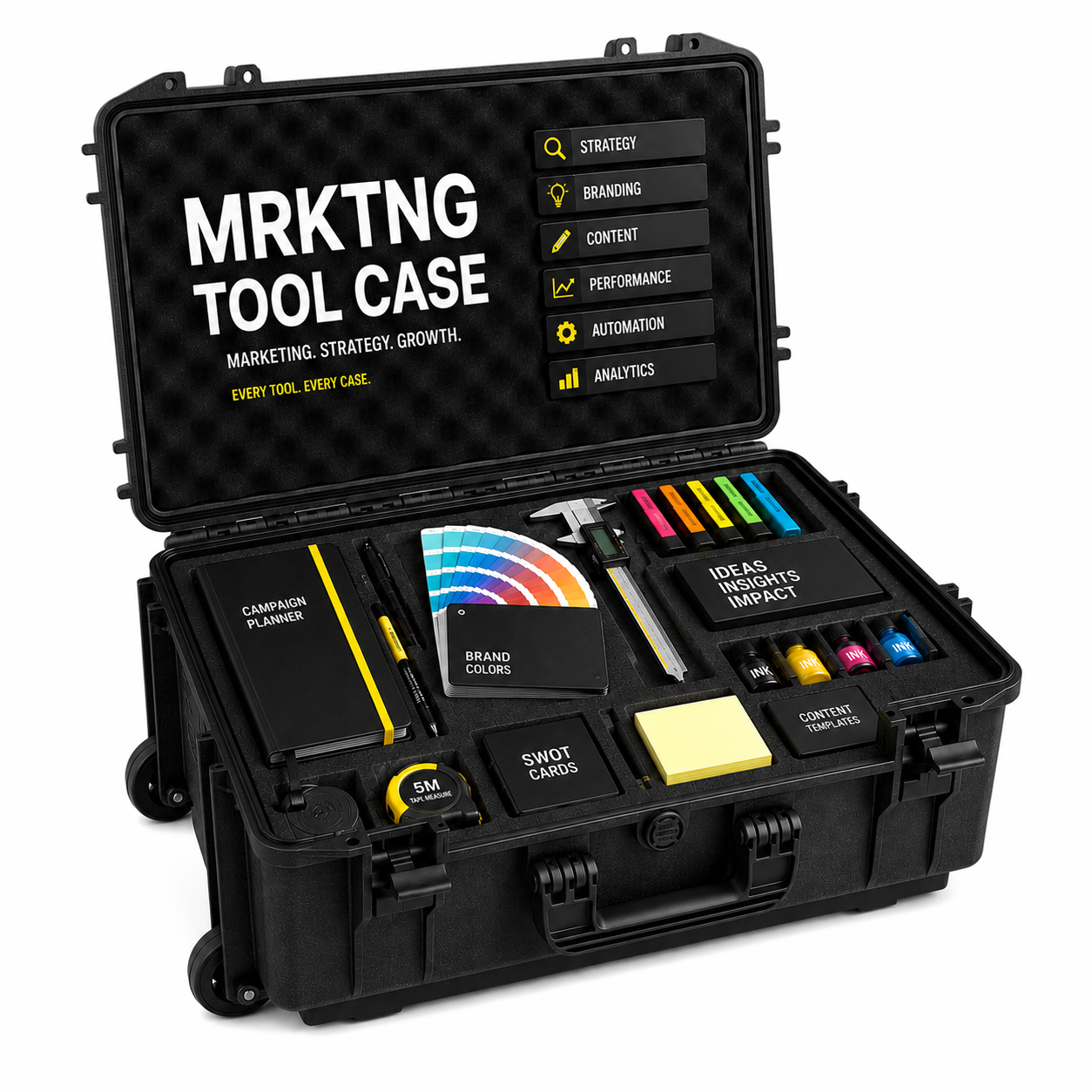 The Marketing Tool Case — an open hard case showcasing strategy, branding, content, performance, automation and analytics tools.